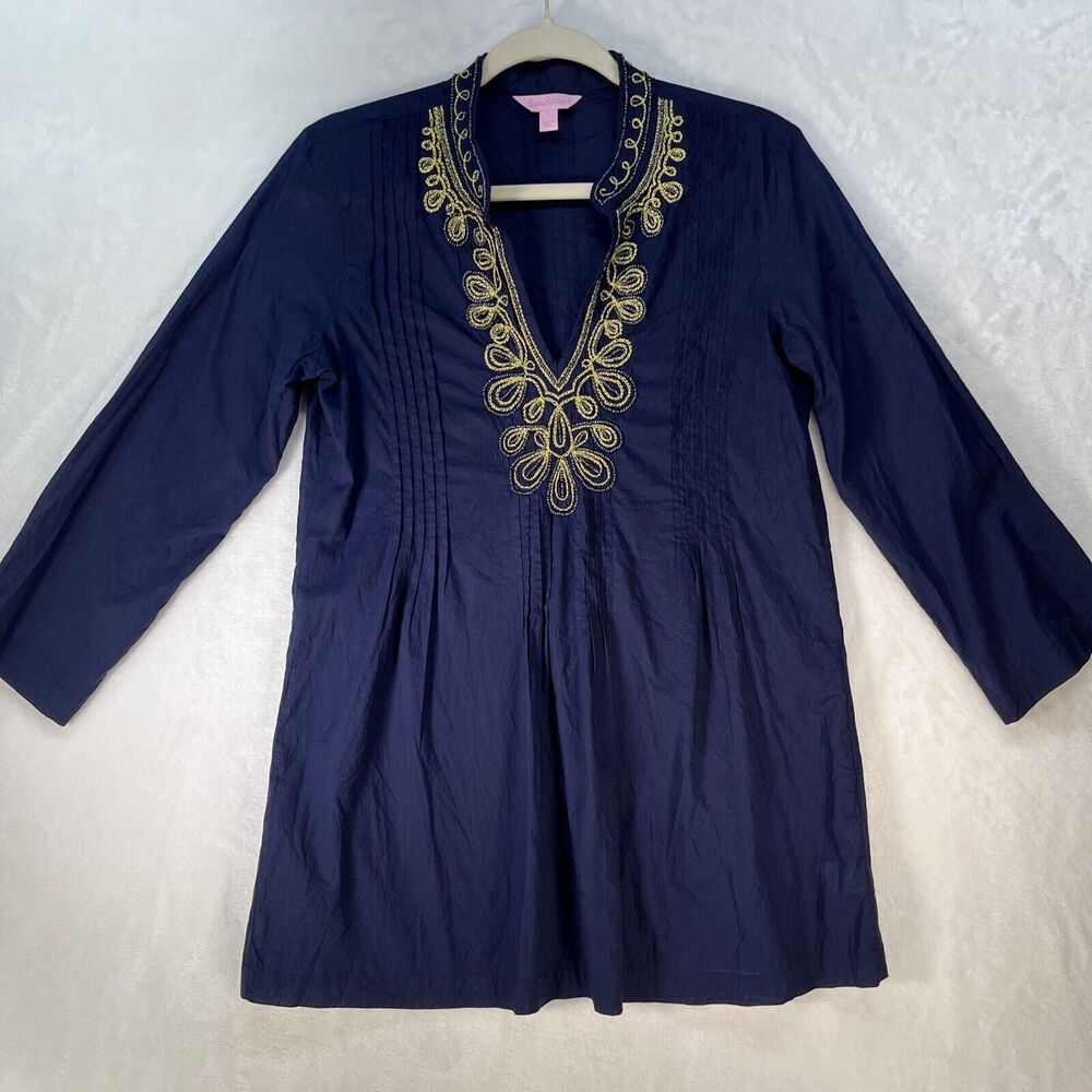 LILLY PULITZER $158 Sarasota Classic Navy Beaded‎ Tunic Top Sz Small Navy